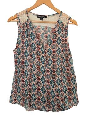 Living Doll Boho Ikat Print Lace Shoulder Tank Top
